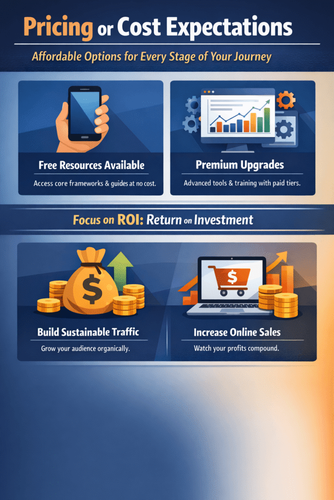 pricing and ROI of digital marketing solutions from garage2global showing free resources, premium tools, and long-term traffic growth