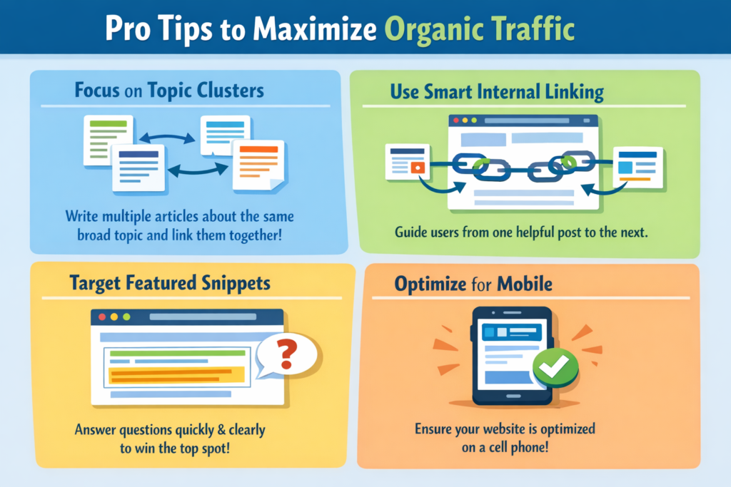 boost organic traffic with garage2global tips including topic clusters internal linking featured snippets and mobile optimization strategies
