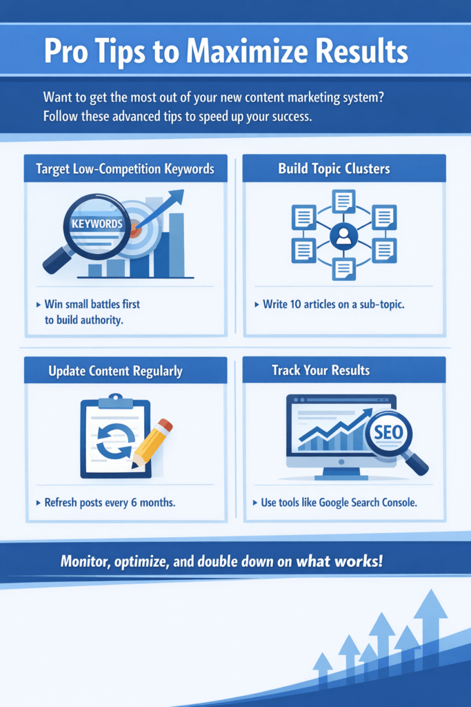 pro tips for digital marketing solutions from garage2global including low competition keywords, topic clusters, content updates, and performance tracking