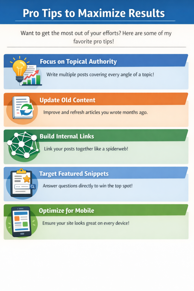 online visibility services by garage2global infographic with pro SEO tips including topical authority, internal linking, content updates, and mobile optimization