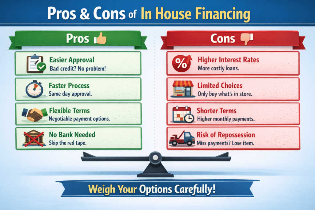 what is in house financing pros and cons comparison showing benefits like easy approval and risks like high interest rates