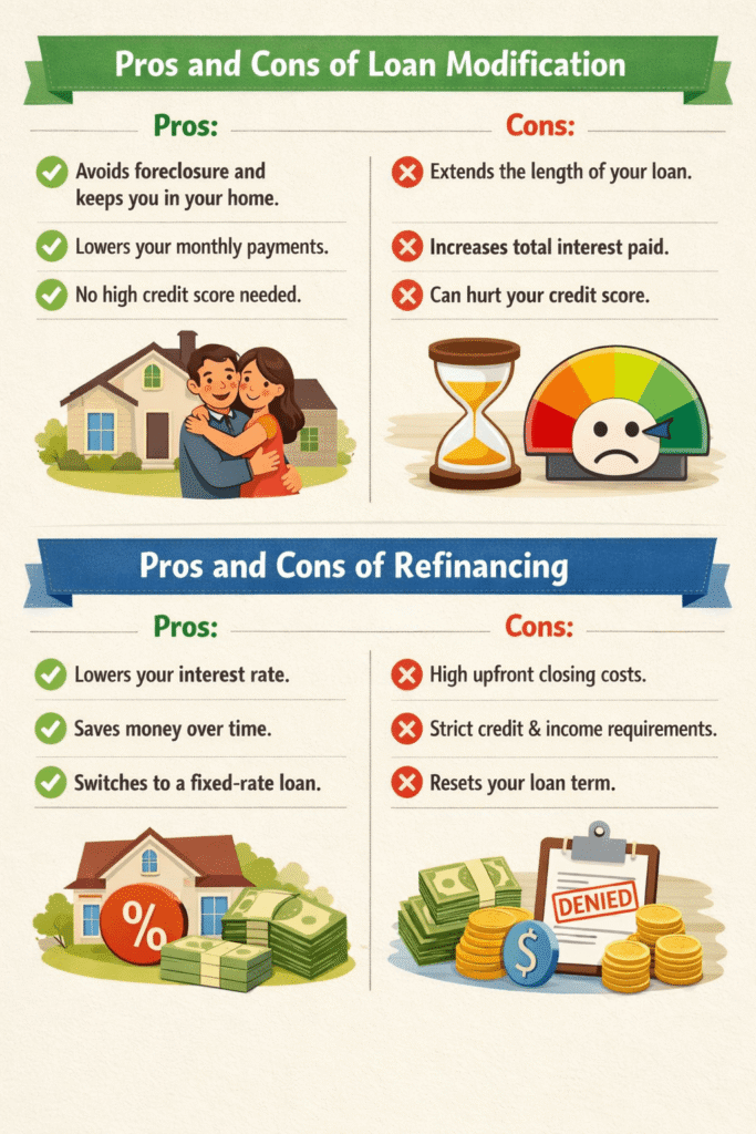 loan modification vs refinance pros and cons comparison showing benefits and drawbacks of modifying a loan versus refinancing a mortgage