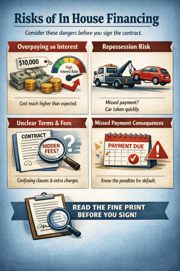 what is in house financing risks including overpaying, repossession, and hidden loan terms explained visually