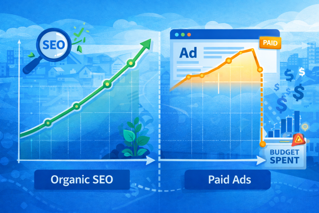 SEO for tradesmen comparison chart showing steady organic SEO growth over time versus paid ads traffic that stops when budget ends