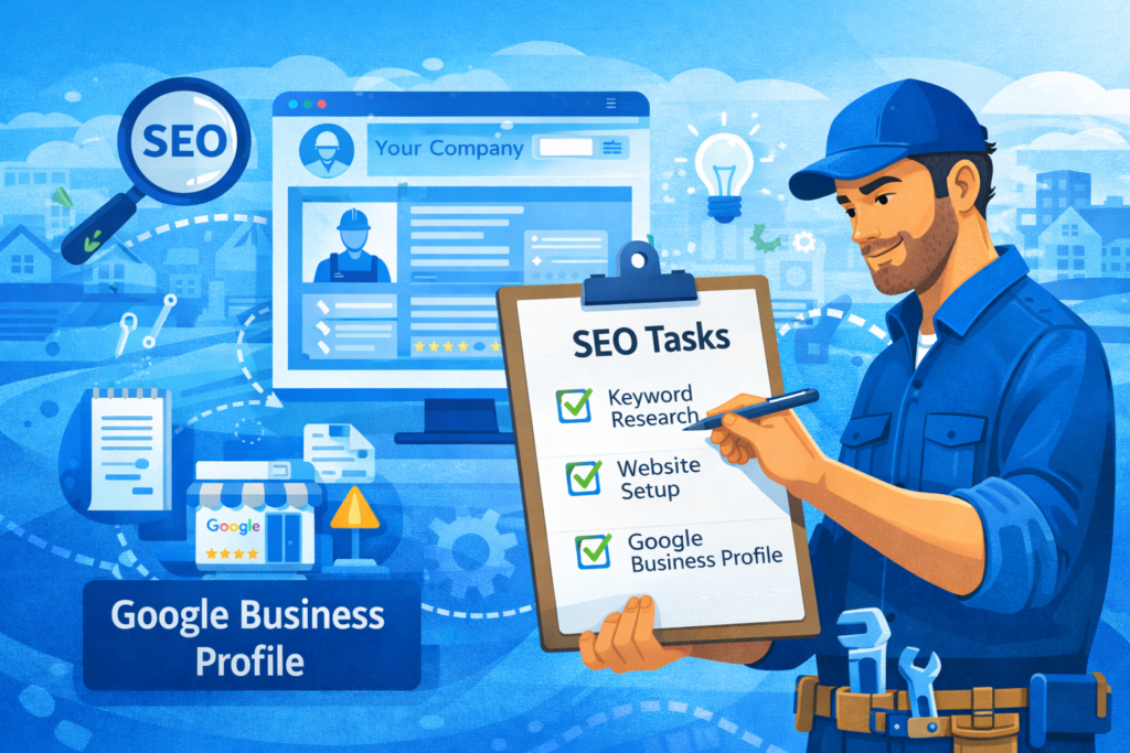 SEO for tradesmen checklist illustration showing a contractor completing keyword research, website setup, and Google Business Profile optimization