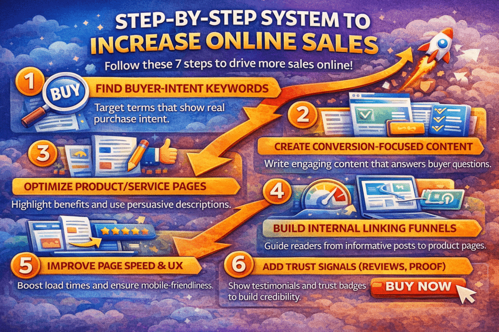 step by step system to increase online sales by Garage2Global including keywords, content, funnels, and trust signals