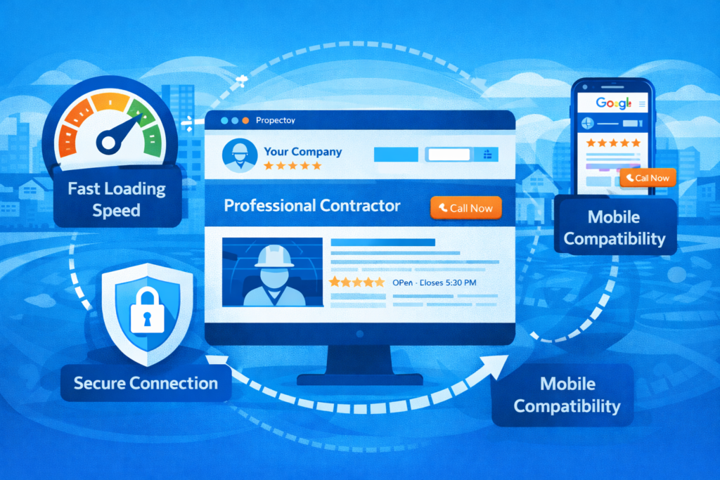 SEO for tradesmen technical optimization illustration showing fast website speed, mobile compatibility, and secure connection indicators