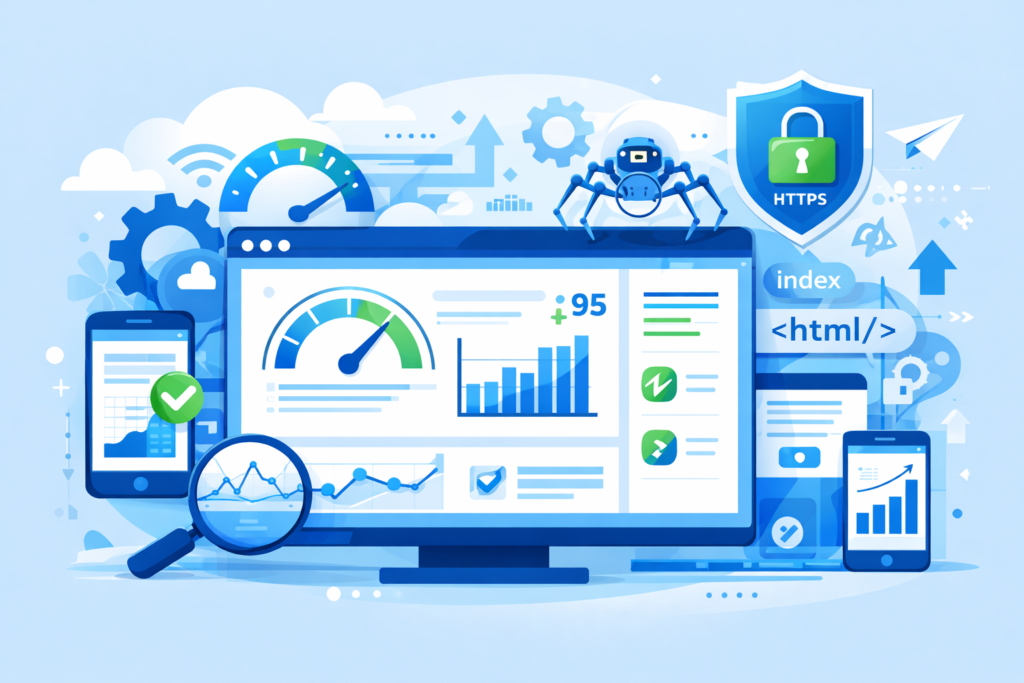 technical SEO foundation image showing website speed mobile optimization indexing and performance improvements
