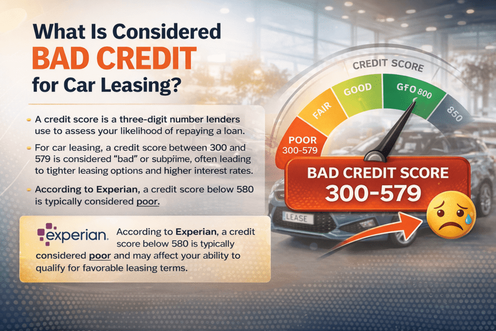 how to lease a car with bad credit explained with credit score range 300 to 579 and lender risk factors for leasing approval