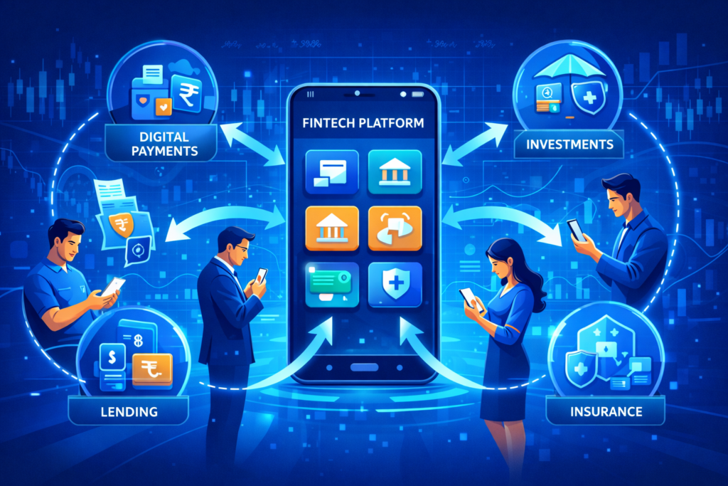 Jio Finance share target 2030 concept showing a fintech ecosystem where a smartphone connects digital payments, lending, investments, and insurance services.
