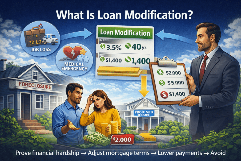 loan modification vs refinance illustration showing how loan modification helps reduce mortgage payments and avoid foreclosure during financial hardship