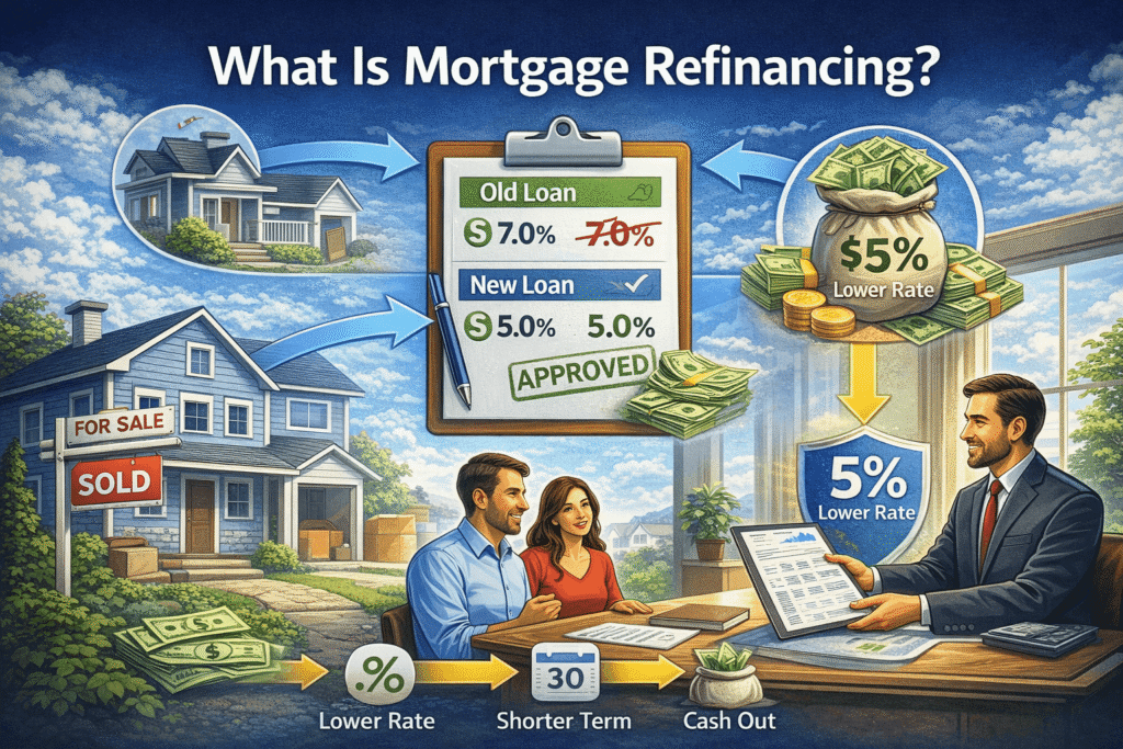 loan modification vs refinance diagram explaining how mortgage refinancing replaces an old loan with a new lower interest rate loan