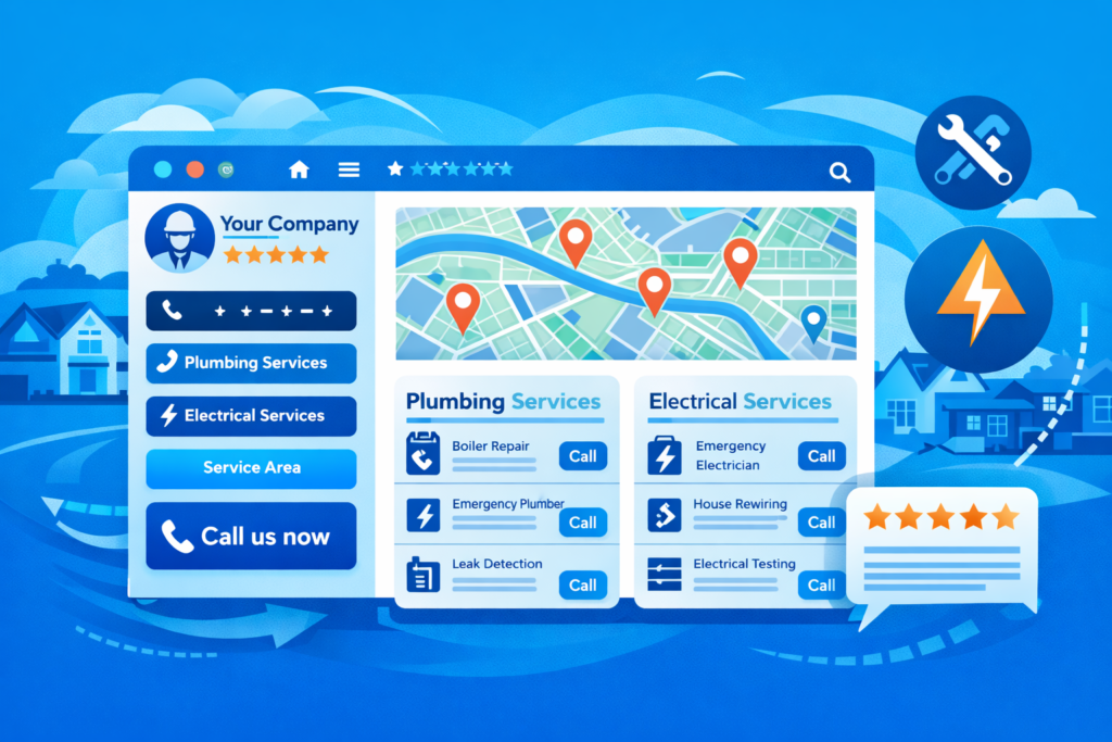 SEO for tradesmen dashboard showing a contractor website with service pages, phone call buttons, and local map markers