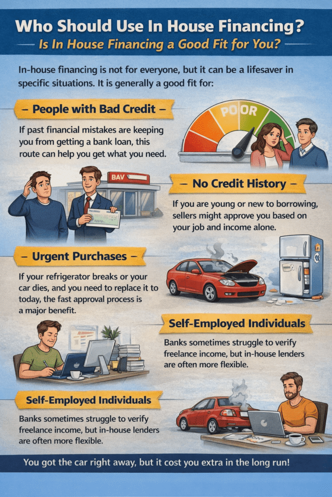 what is in house financing explained for people with bad credit, no credit history, urgent purchases, and self employed individuals
