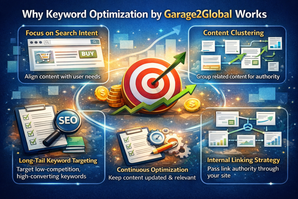 keyword optimization by garage2global process showing search intent, content clustering, internal linking, and long tail keywords