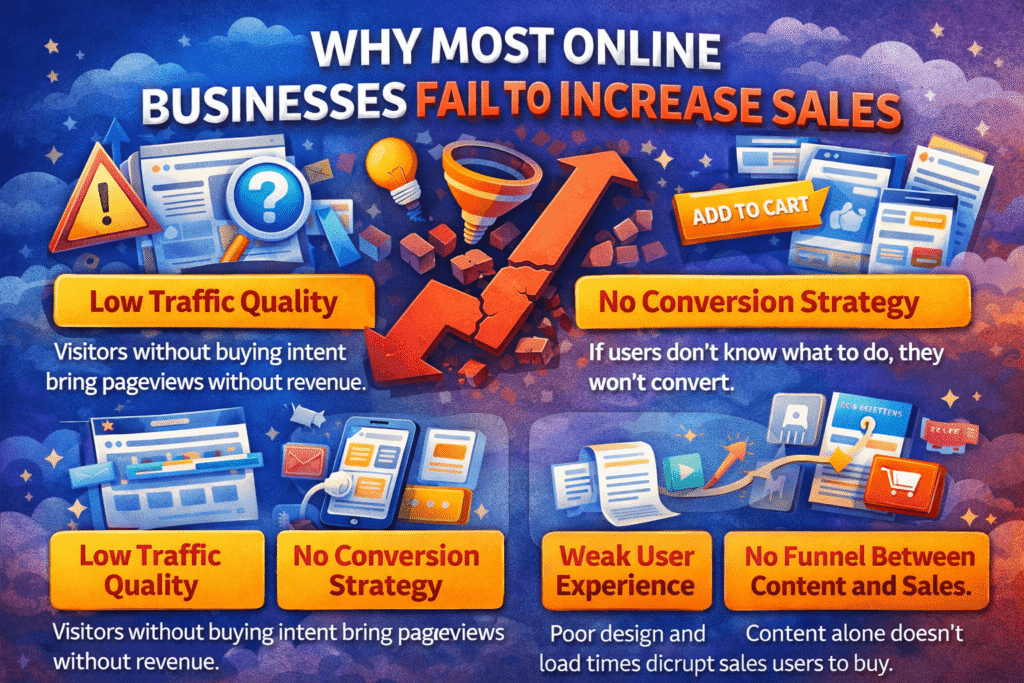 why businesses fail to increase online sales by Garage2Global including poor traffic quality and weak conversion strategy