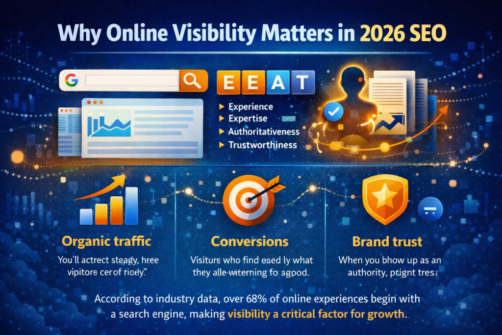 online visibility services by garage2global infographic explaining why SEO visibility matters in 2026 with EEAT, traffic, conversions, and brand trust