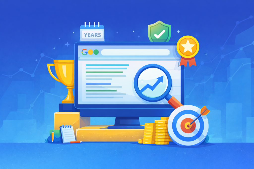 SEO for business growth from Garage2Global image showing long-term traffic growth, trust, rankings, and lower customer acquisition cost for startups