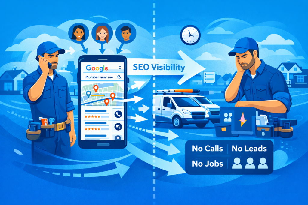 SEO for tradesmen comparison showing one contractor getting calls from Google while another relies only on word of mouth