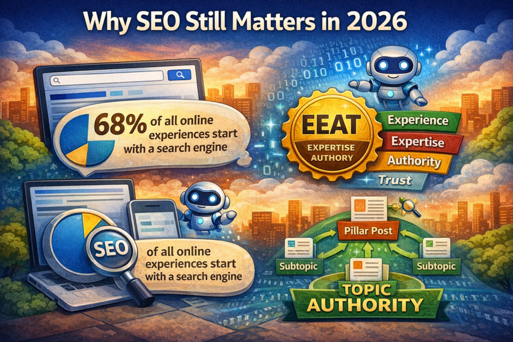 search engine optimization by garage2global infographic explaining SEO importance in 2026 with EEAT, AI search, and topic authority