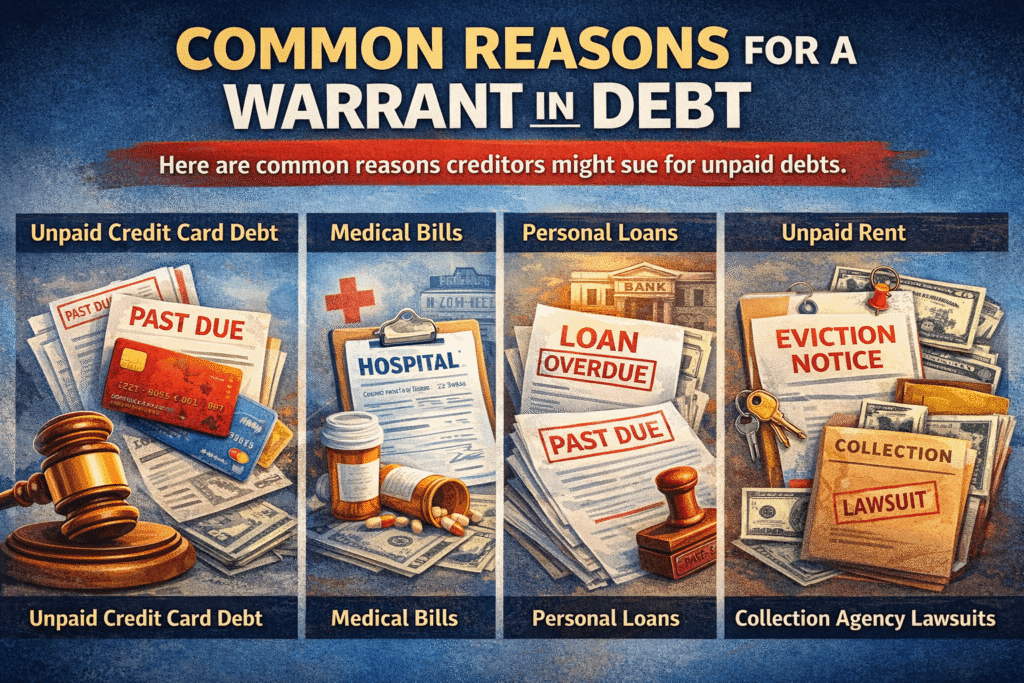 Common reasons for a warrant in debt including unpaid credit card debt medical bills personal loans rent and collection agency lawsuits
