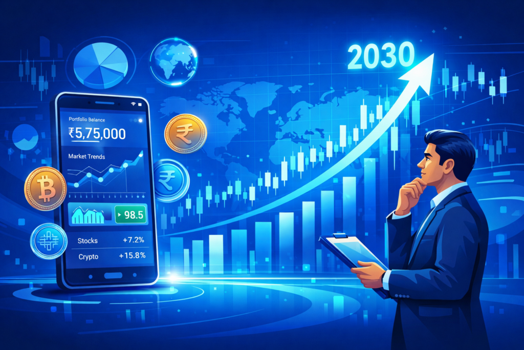 Jio Finance share target 2030 illustrated with a futuristic fintech dashboard, rising stock chart, smartphone financial app, and investor analyzing market growth.