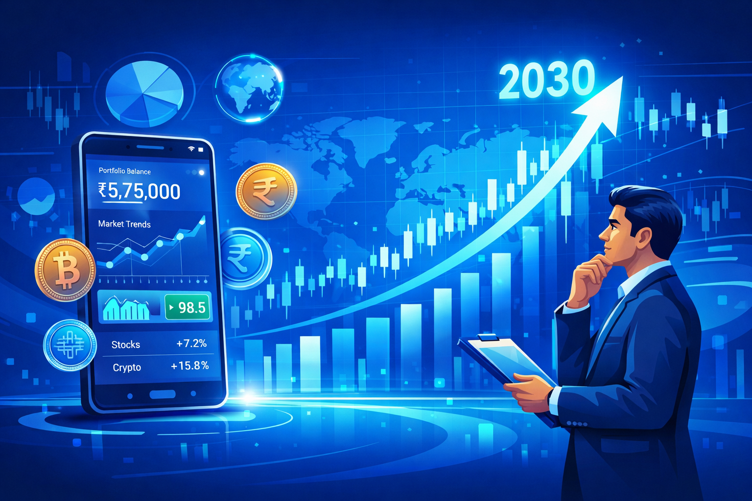 Jio Finance share target 2030 illustrated with a futuristic fintech dashboard, rising stock chart, smartphone financial app, and investor analyzing market growth.