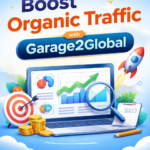 boost organic traffic with garage2global SEO strategy illustration showing website growth, analytics dashboard, and rising traffic graph