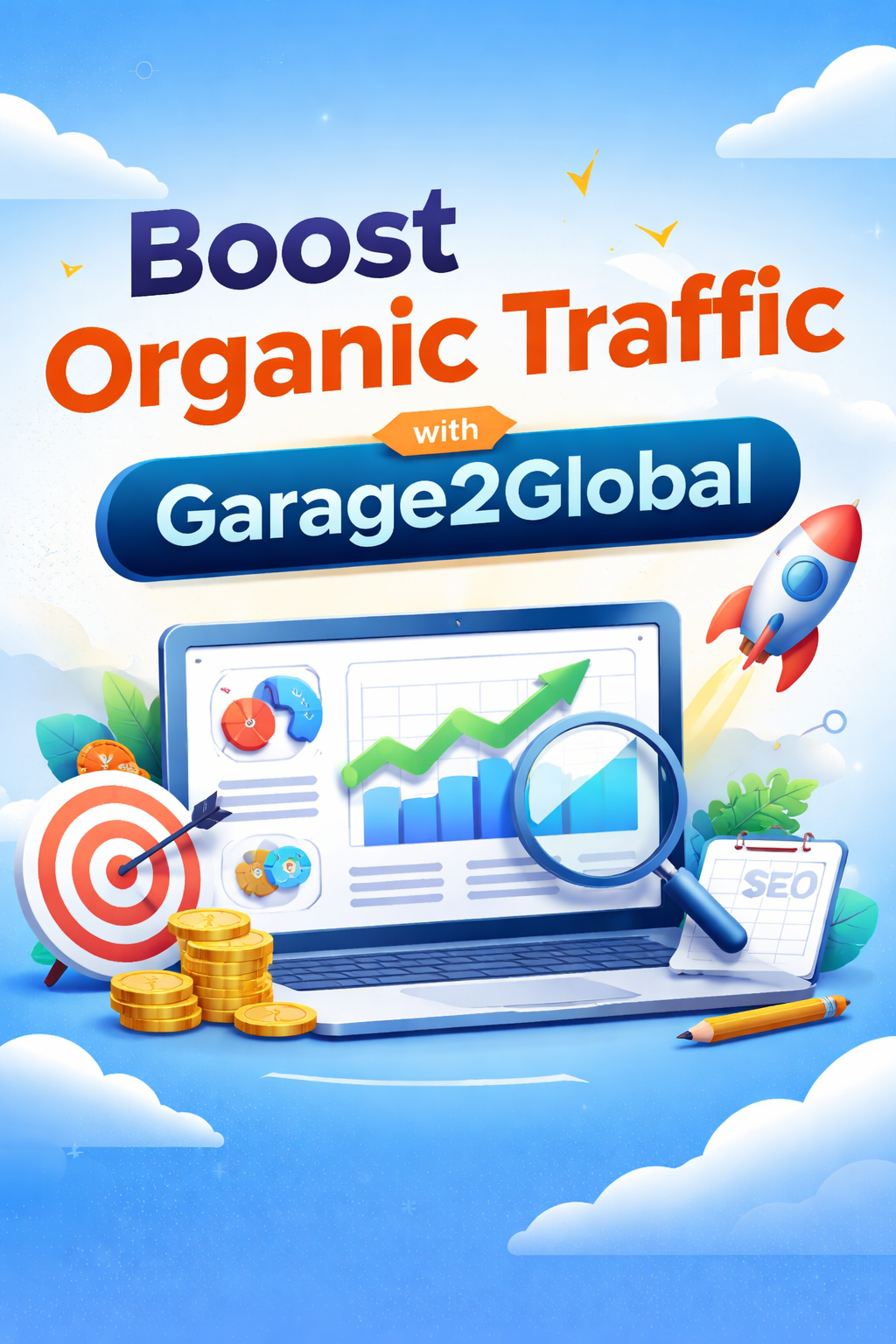 boost organic traffic with garage2global SEO strategy illustration showing website growth, analytics dashboard, and rising traffic graph