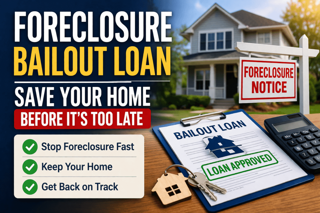 Foreclosure bailout loan concept showing worried homeowner holding foreclosure notice with loan approval documents to save home