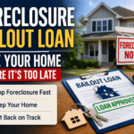Foreclosure bailout loan concept showing worried homeowner holding foreclosure notice with loan approval documents to save home