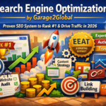 search engine optimization by garage2global illustration showing SEO strategy, rankings growth, and organic traffic increase