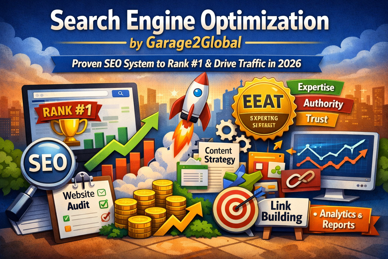 search engine optimization by garage2global illustration showing SEO strategy, rankings growth, and organic traffic increase