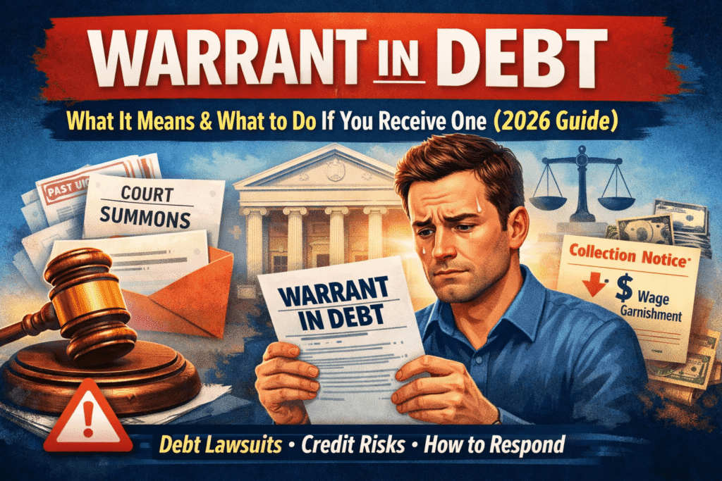 Warrant in debt meaning explained with worried man holding legal document and court background showing debt lawsuit concept