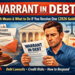 Warrant in debt meaning explained with worried man holding legal document and court background showing debt lawsuit concept