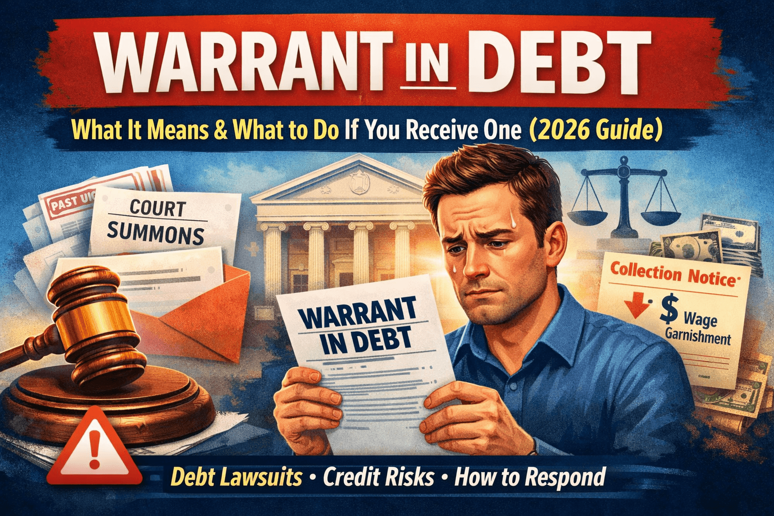 Warrant in debt meaning explained with worried man holding legal document and court background showing debt lawsuit concept