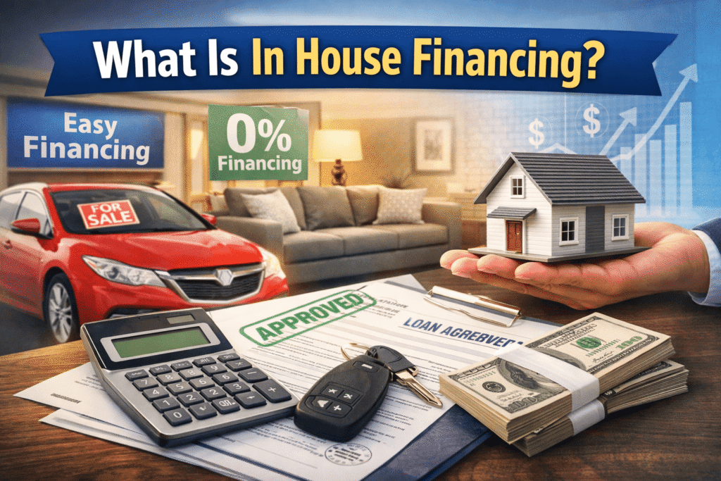 what is in house financing concept showing car, house, and loan approval with money and financing agreement