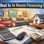 What Is In House Financing? 5 Important Things to Know, Pros, Cons, and Examples what is in house financing concept showing car, house, and loan approval with money and financing agreement