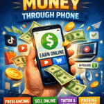 how to make money through phone illustration showing multiple smartphone income methods like freelancing, selling, and affiliate marketing