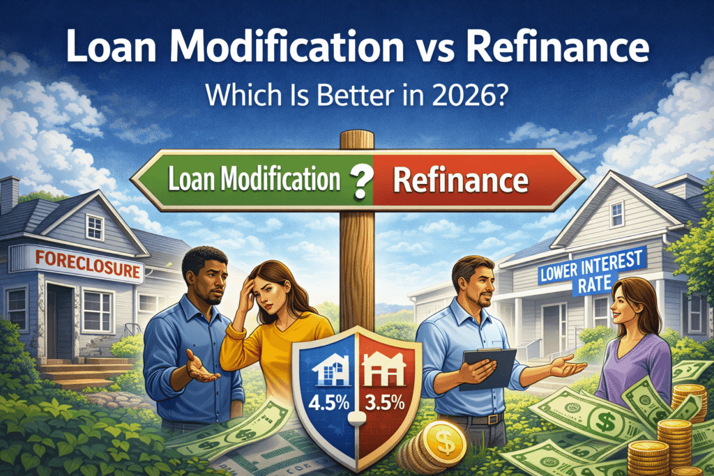 loan modification vs refinance comparison showing homeowners choosing between modifying mortgage and refinancing to lower monthly payments